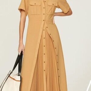ALC Mustard Yellow pleated midi dress/unique Short sleeves flowy dress
